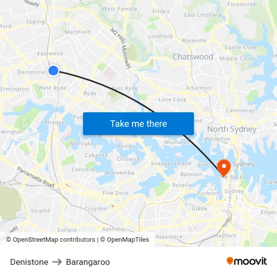 Denistone to Barangaroo map