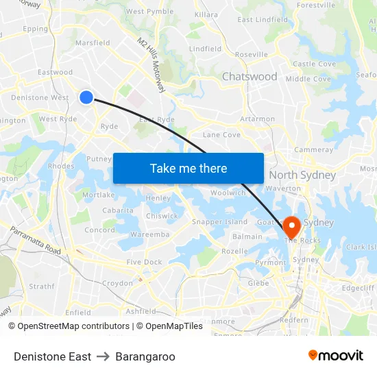 Denistone East to Barangaroo map