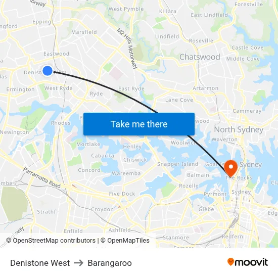 Denistone West to Barangaroo map