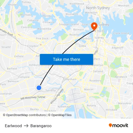 Earlwood to Barangaroo map