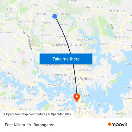 East Killara to Barangaroo map
