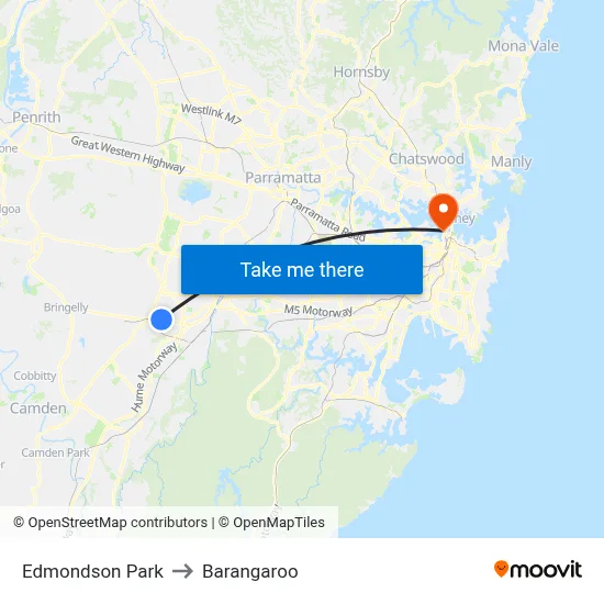 Edmondson Park to Barangaroo map