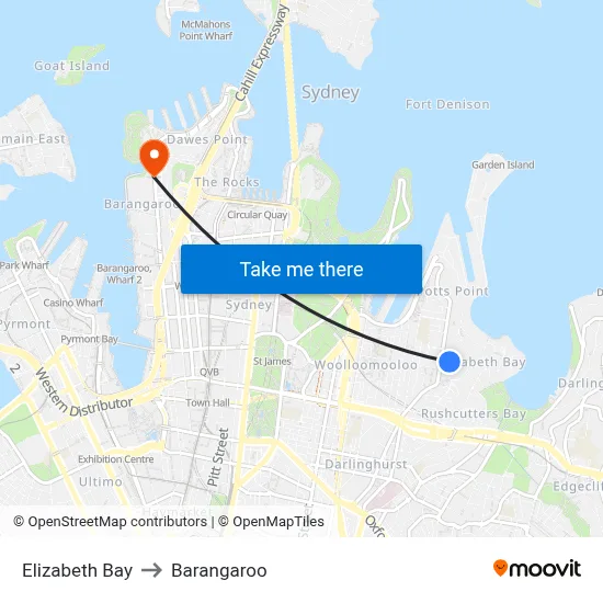 Elizabeth Bay to Barangaroo map