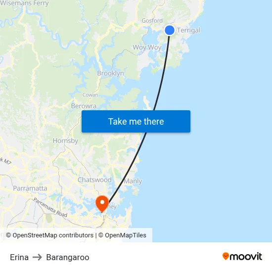 Erina to Barangaroo map
