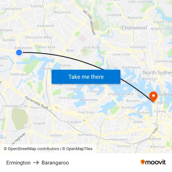 Ermington to Barangaroo map
