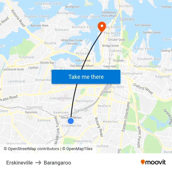 Erskineville to Barangaroo map
