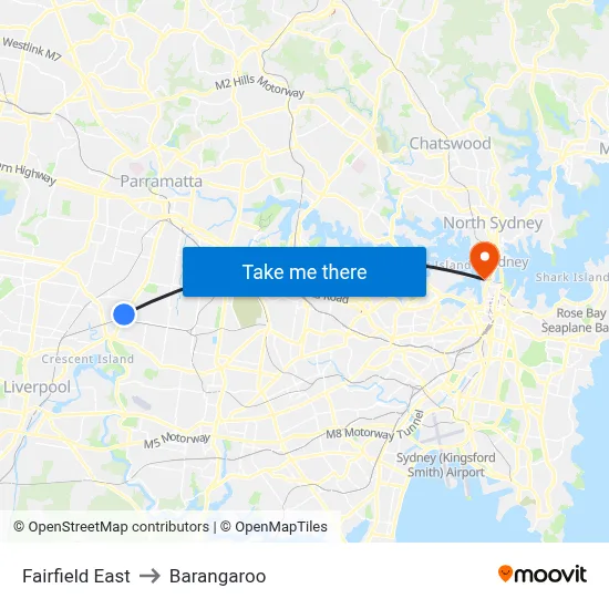 Fairfield East to Barangaroo map