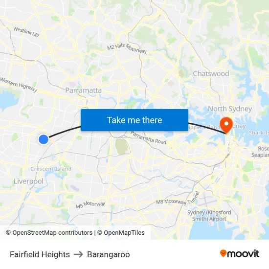 Fairfield Heights to Barangaroo map