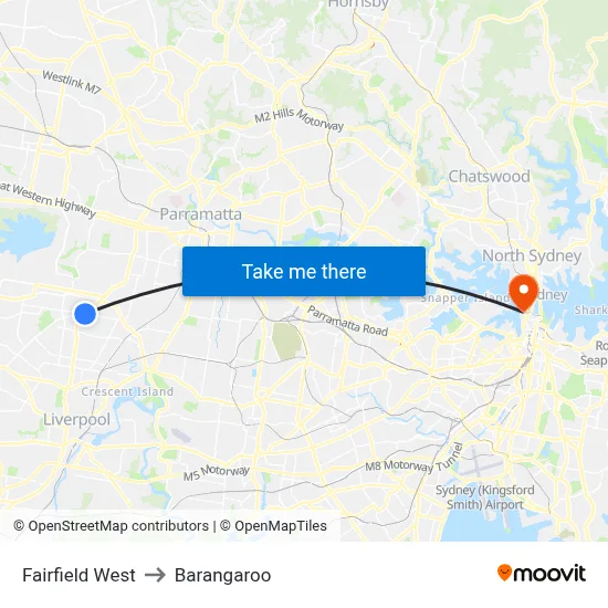 Fairfield West to Barangaroo map