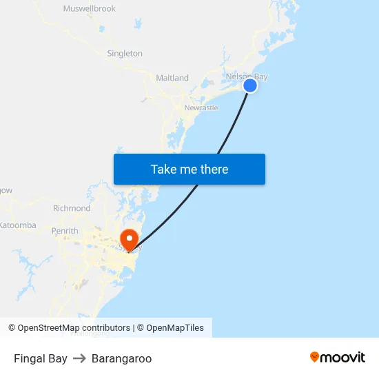 Fingal Bay to Barangaroo map