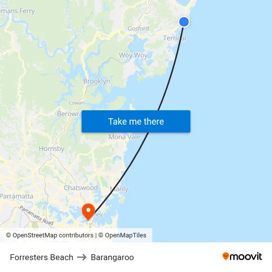 Forresters Beach to Barangaroo map