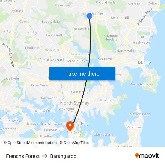 Frenchs Forest to Barangaroo map