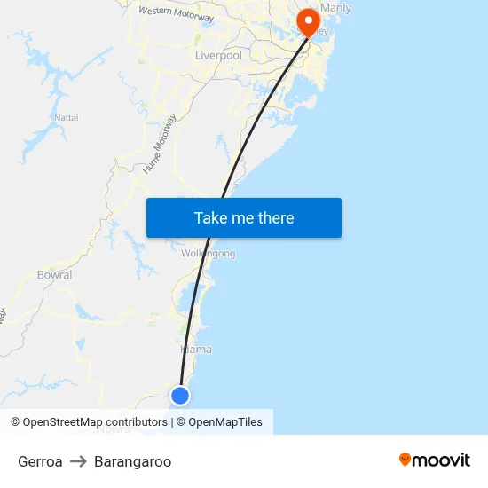 Gerroa to Barangaroo map