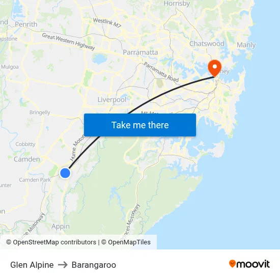Glen Alpine to Barangaroo map