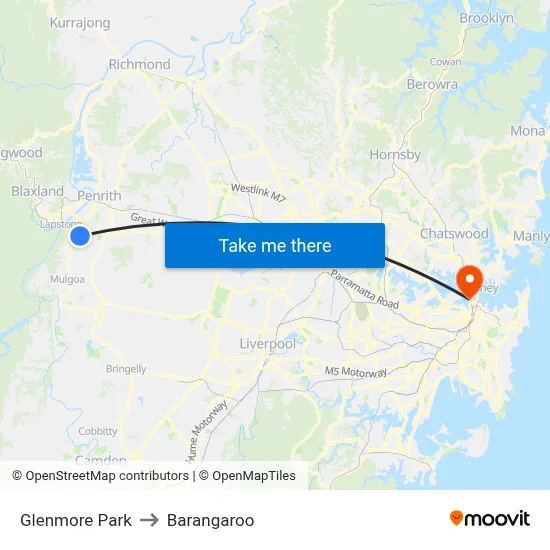 Glenmore Park to Barangaroo map