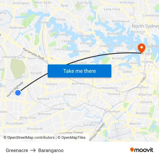 Greenacre to Barangaroo map