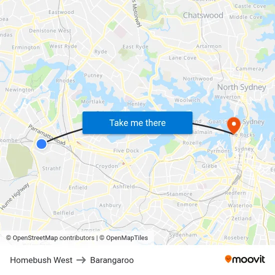 Homebush West to Barangaroo map