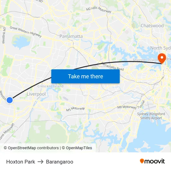 Hoxton Park to Barangaroo map