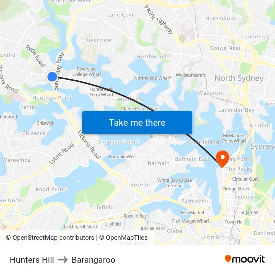 Hunters Hill to Barangaroo map