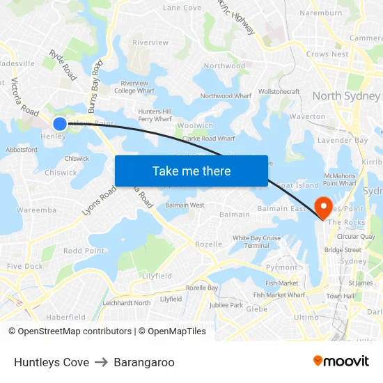 Huntleys Cove to Barangaroo map