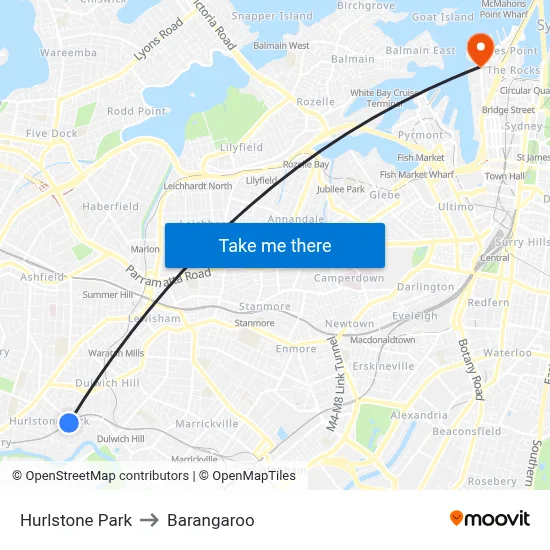 Hurlstone Park to Barangaroo map