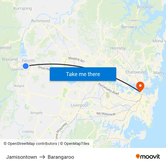 Jamisontown to Barangaroo map