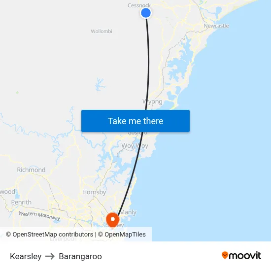 Kearsley to Barangaroo map