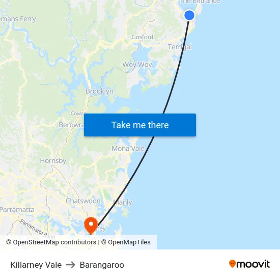 Killarney Vale to Barangaroo map