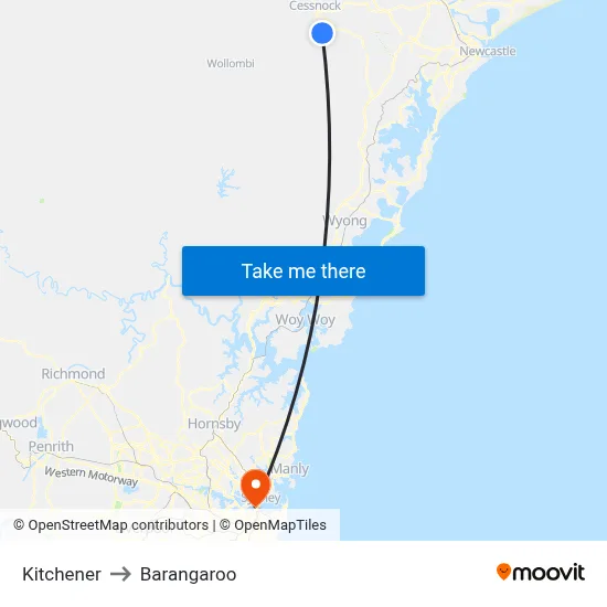 Kitchener to Barangaroo map