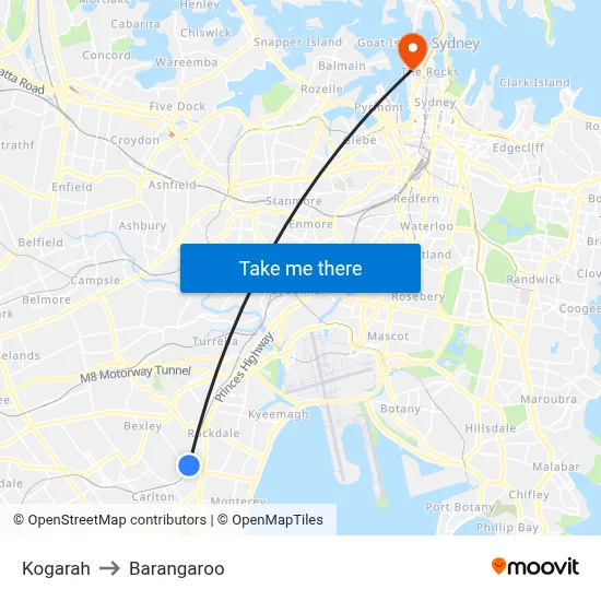 Kogarah to Barangaroo map