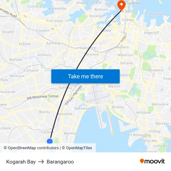Kogarah Bay to Barangaroo map
