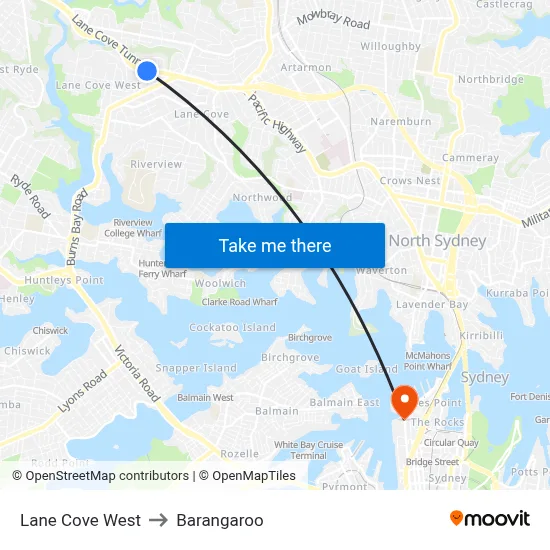 Lane Cove West to Barangaroo map