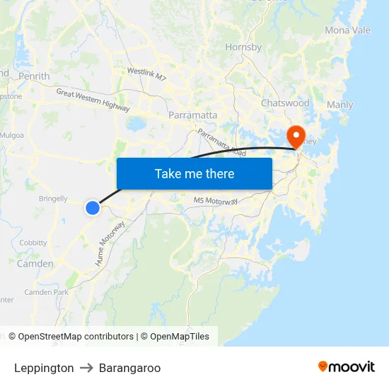 Leppington to Barangaroo map