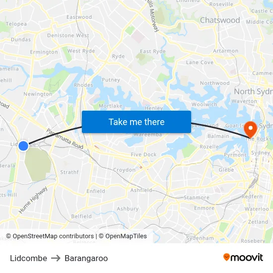 Lidcombe to Barangaroo map