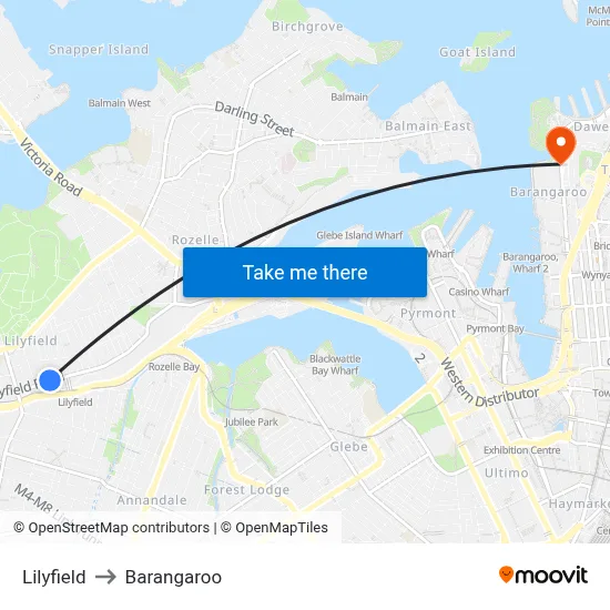 Lilyfield to Barangaroo map