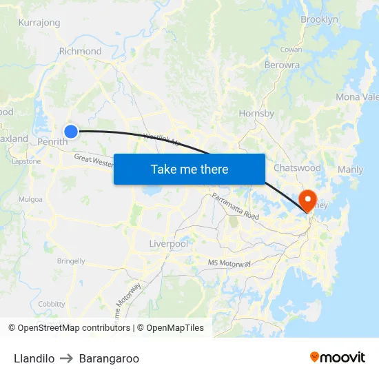 Llandilo to Barangaroo map