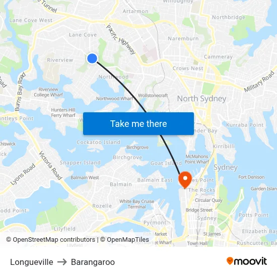 Longueville to Barangaroo map