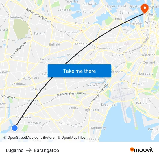 Lugarno to Barangaroo map