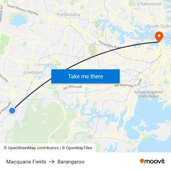 Macquarie Fields to Barangaroo map