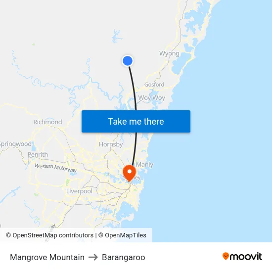 Mangrove Mountain to Barangaroo map