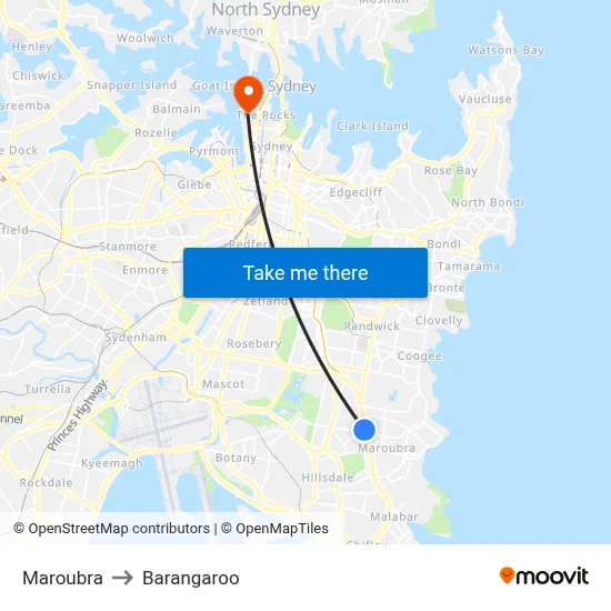 Maroubra to Barangaroo map