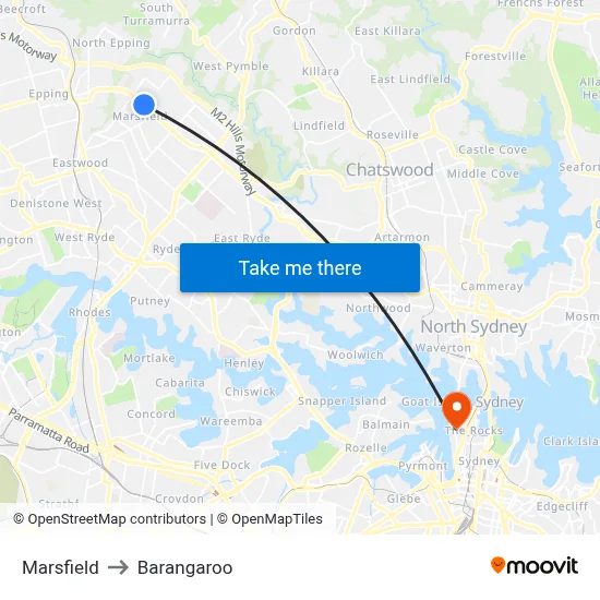 Marsfield to Barangaroo map