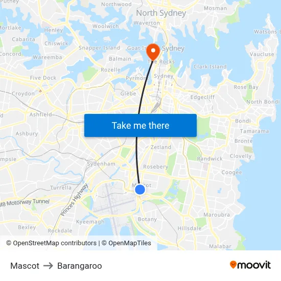 Mascot to Barangaroo map