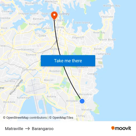 Matraville to Barangaroo map
