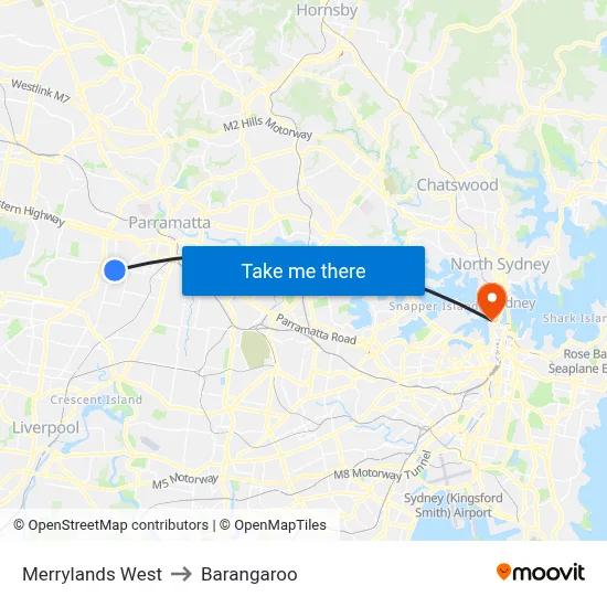 Merrylands West to Barangaroo map