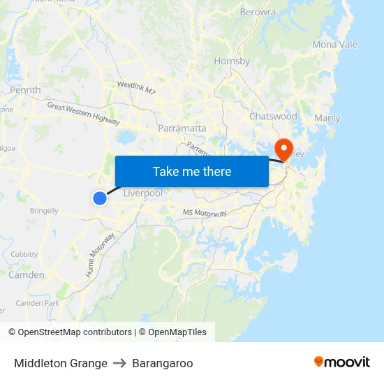 Middleton Grange to Barangaroo map