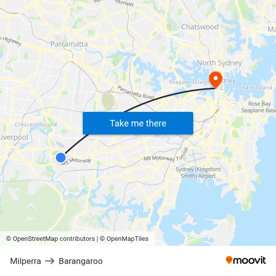 Milperra to Barangaroo map