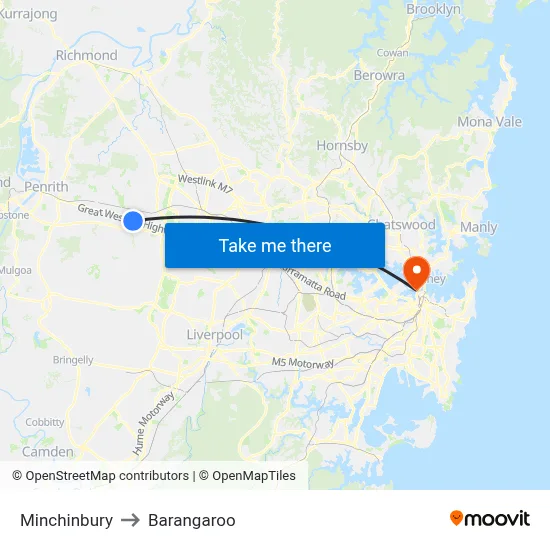 Minchinbury to Barangaroo map