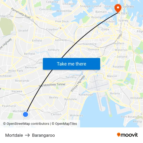 Mortdale to Barangaroo map