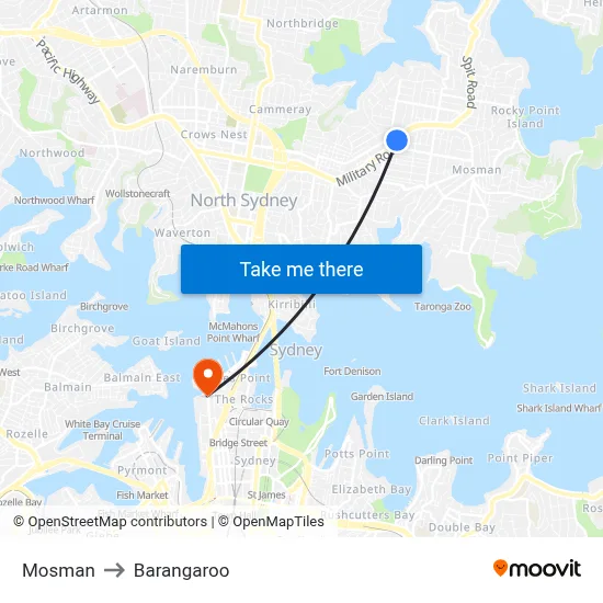 Mosman to Barangaroo map
